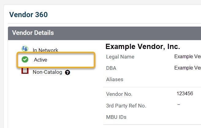 An example of a vendor registration status showing as active.