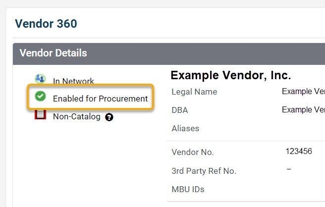 Example view of a vendor registration status showing as Enabled for Procurement.