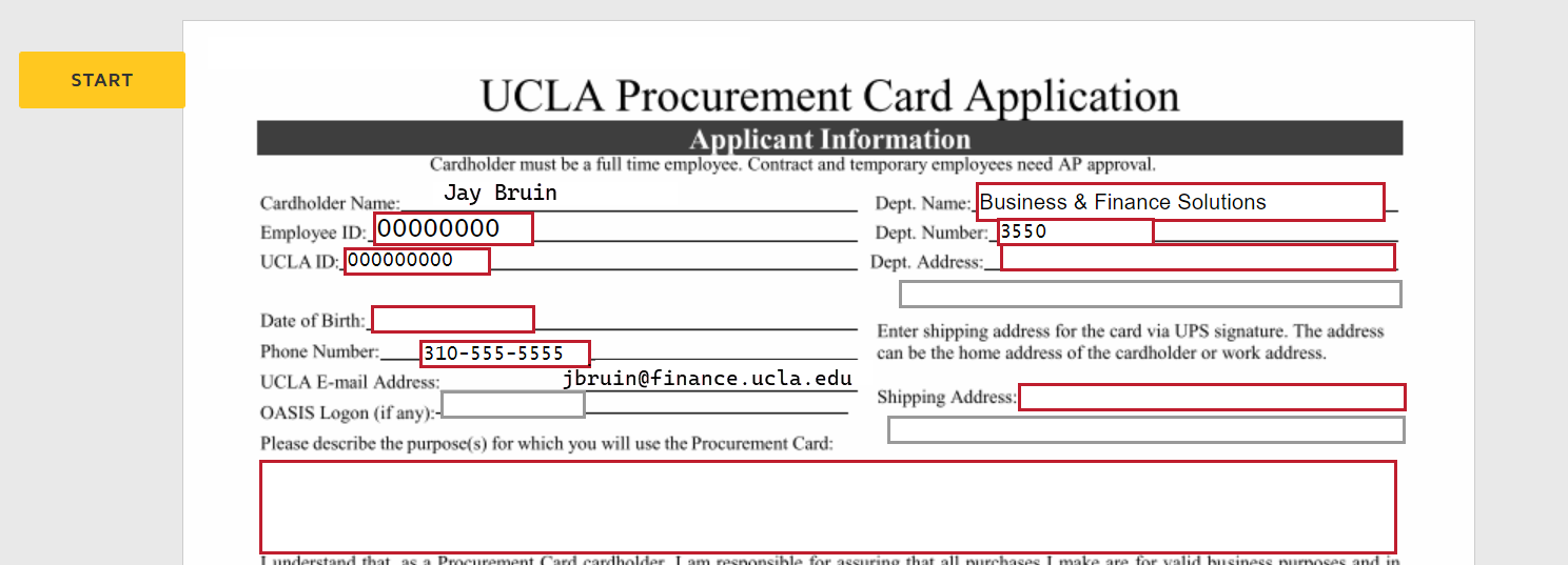 Pcard Application - auto-filled "Applicant Information" section
