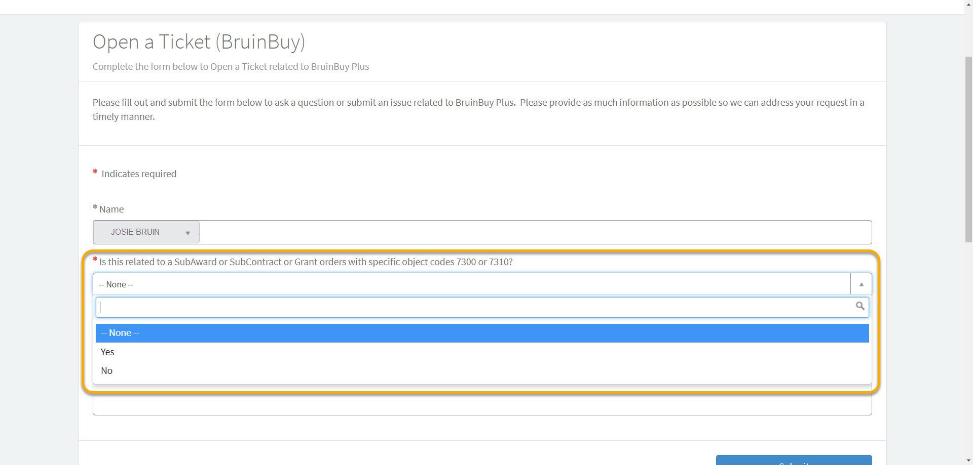 BruinBuy Plus support ticket form with the subaward/subcontract question highlighted.