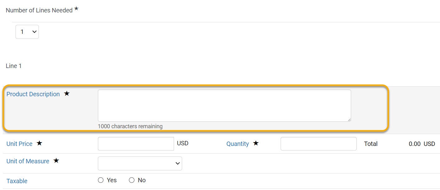 Purchaser Request form with the "Product Description" text box highlighted.