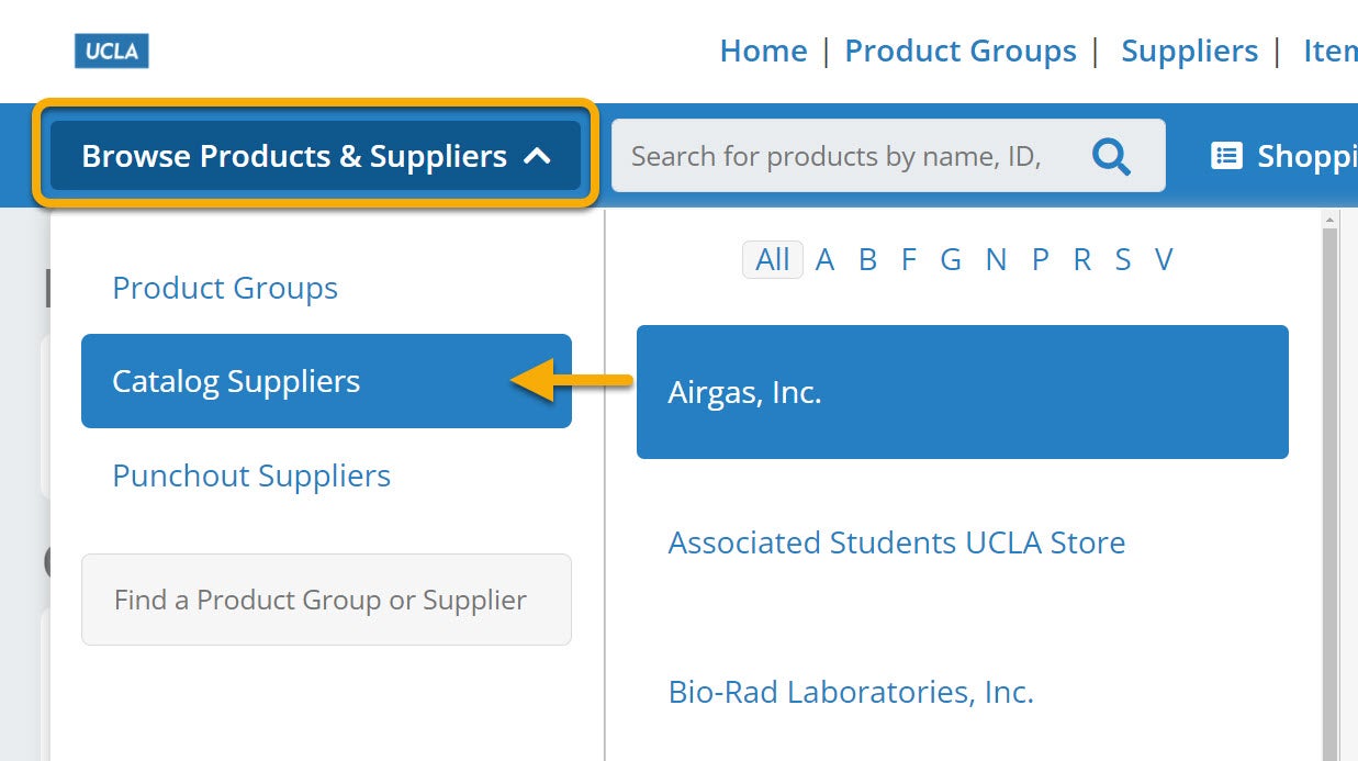 Select the Browse Products & Suppliers dropdown and navigate to the Product Groups tab.