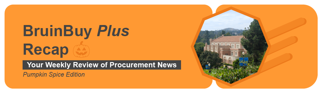 The Pumpkin Spice Edition of the BruinBuy Plus Recap banner is orange and features a smiling pumpkin.