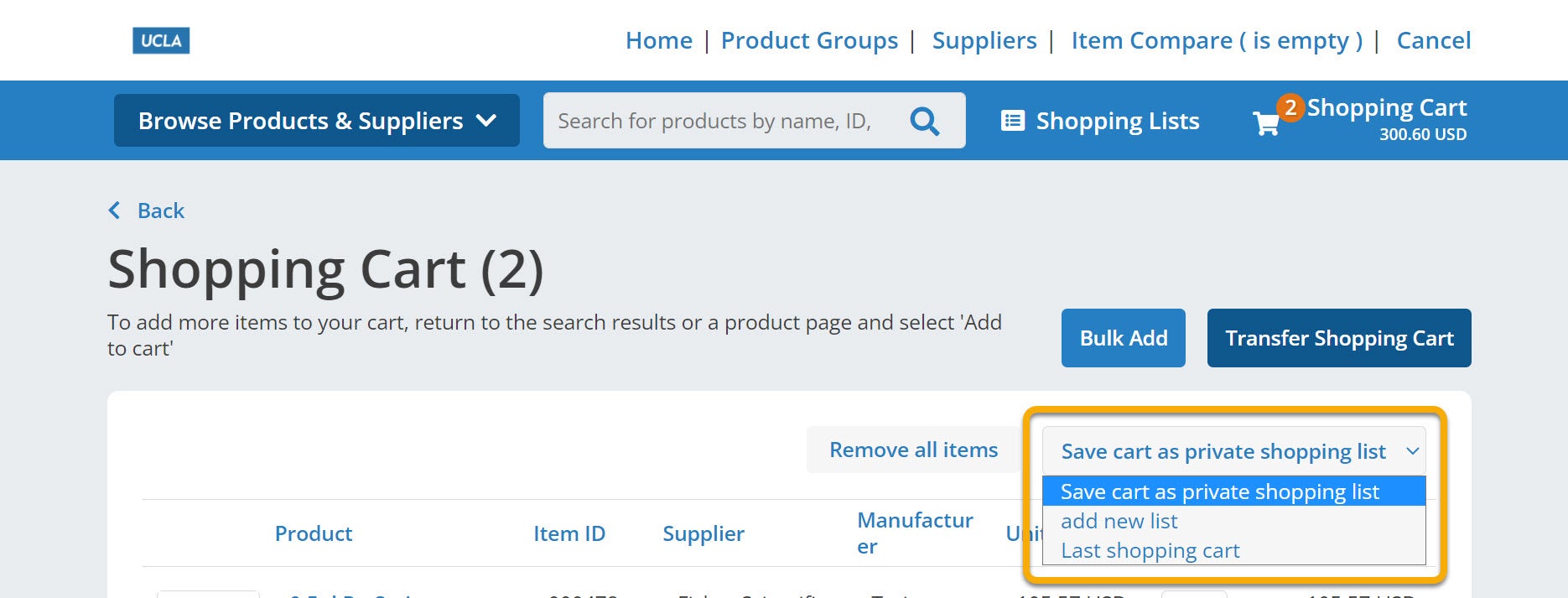 Select the Add New List option from the Save Cart as Private Shopping List dropdown in the top right. 