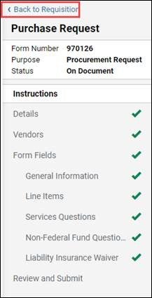 Purchase Request form with all fields check marked in green.