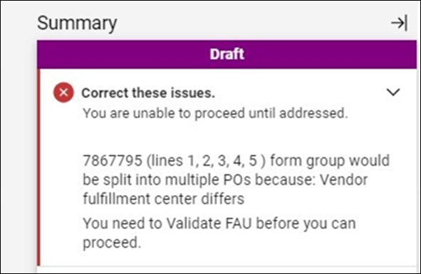 A Draft status message that says "Correct these issues" in order for the user to proceed. 