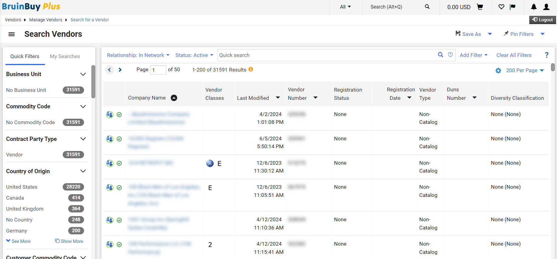 New Vendor Search Layout