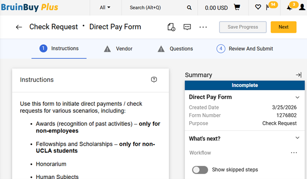 The Check Request for Direct Pay Form screen shows an Instructions column on the left and a Summary page on the right. 