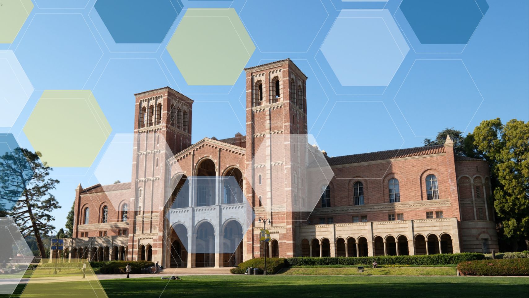 Royce Hall with blue, yellow, and white molecule overlay