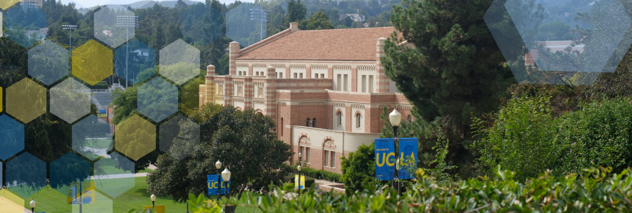 Looking down Janss Steps towards Kaufman Hall with UCLA banners and molecule overlay.